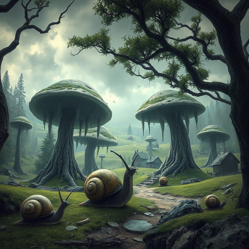 Giant Mushroom Forest: Snails Amidst Surreal Horror