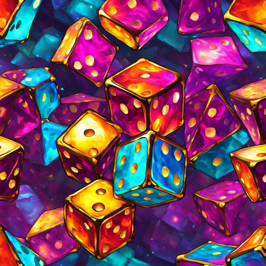Vibrant Stained Glass Dice in Mid-Toss, Psychedelic Colors