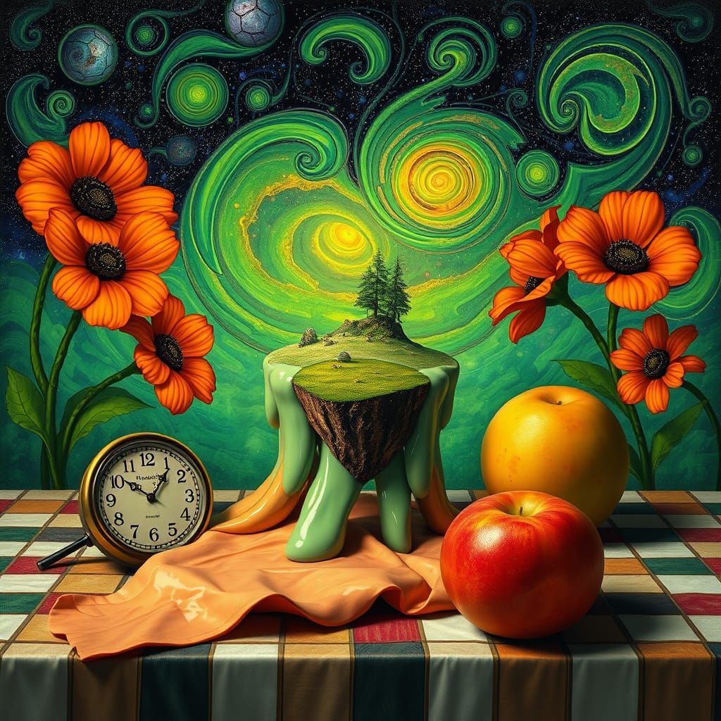 Surreal Still Life with Melting Clock and Nebula Sky
