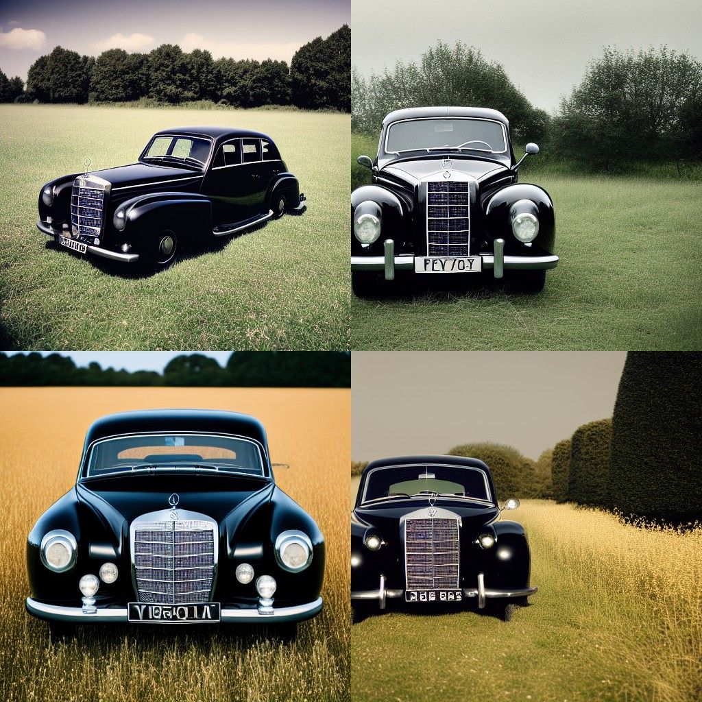 aesthetic wide shot of a black 1950 Mercedes 170d Oldtimer, Standing in a Field, Hasselblad, Kodak portra 800