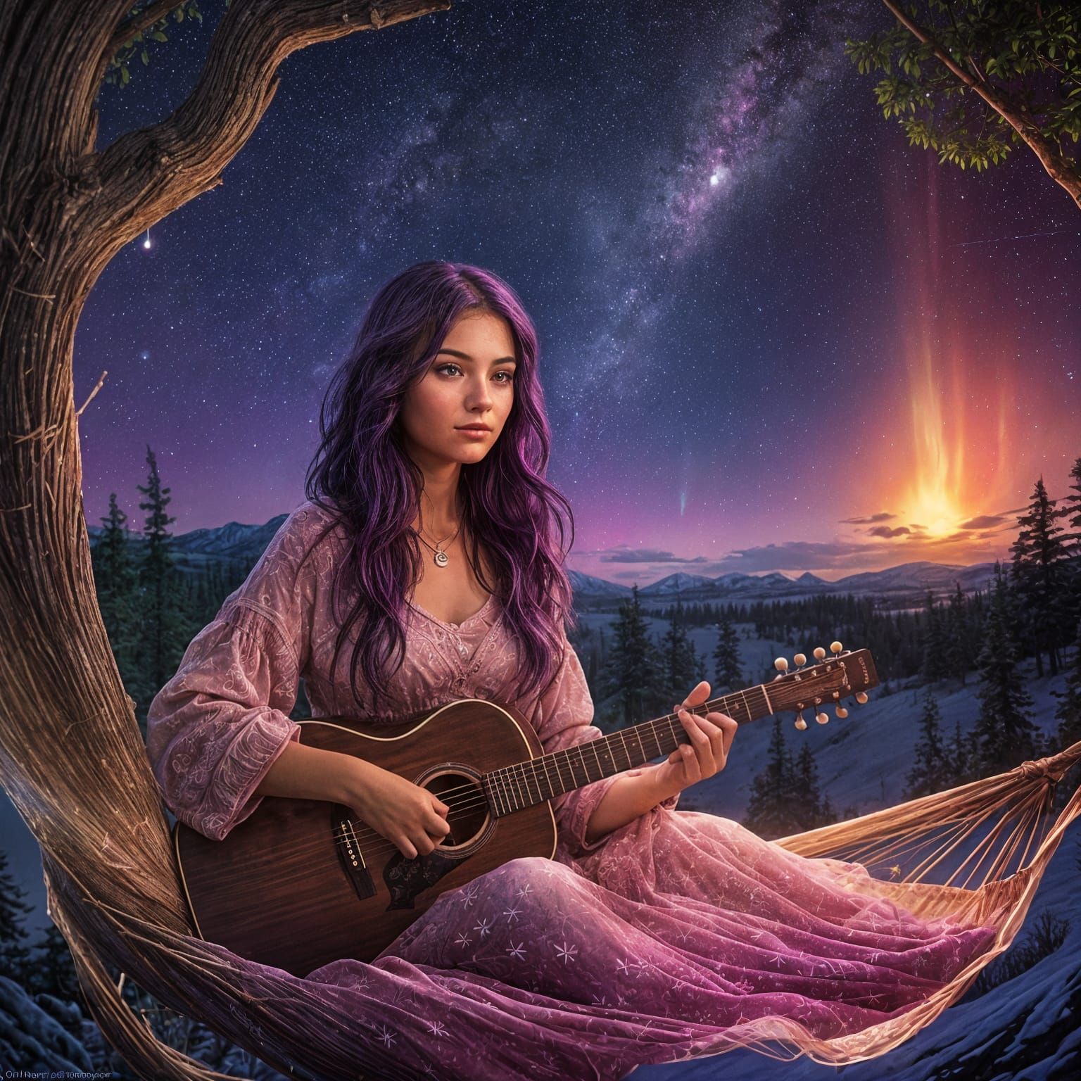 Mystical Campfire Scene with Northern Lights