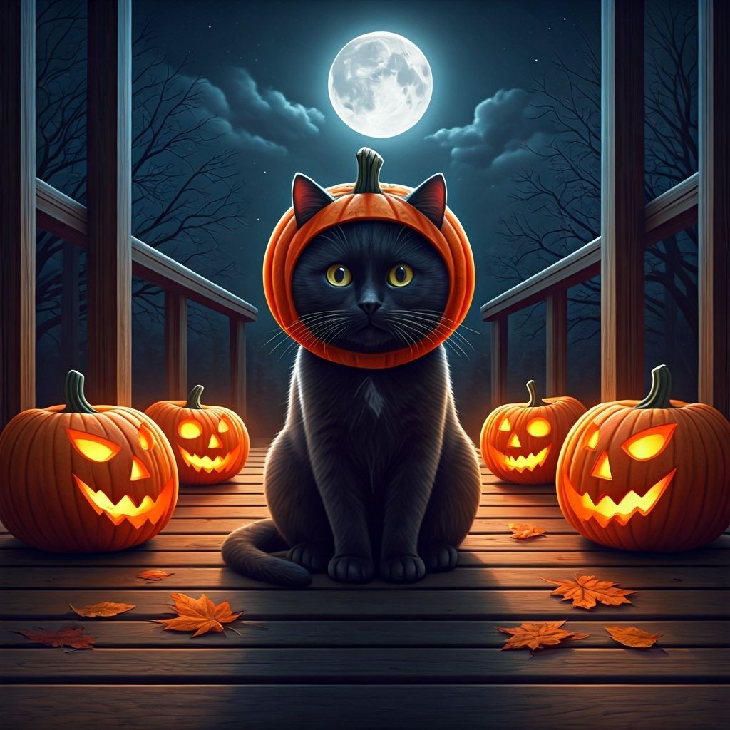 Cute Black Cat in Pumpkin Costume on Halloween Porch