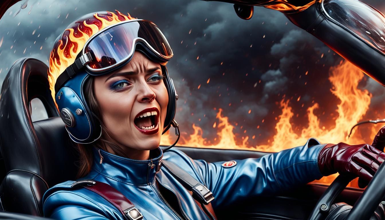 Burning Fear: Hyperrealistic Woman in Racing Car