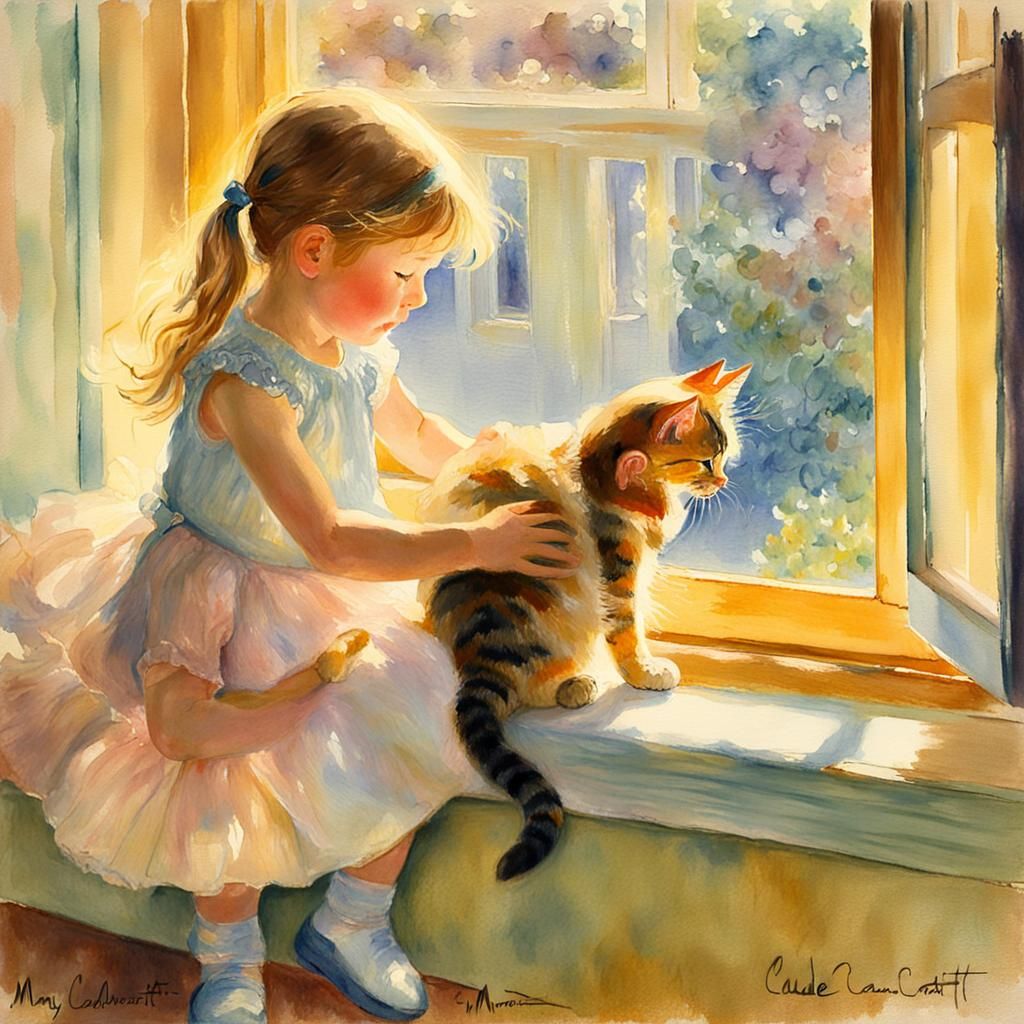 Girl and Cat on Windowsill, Impressionistic Watercolor