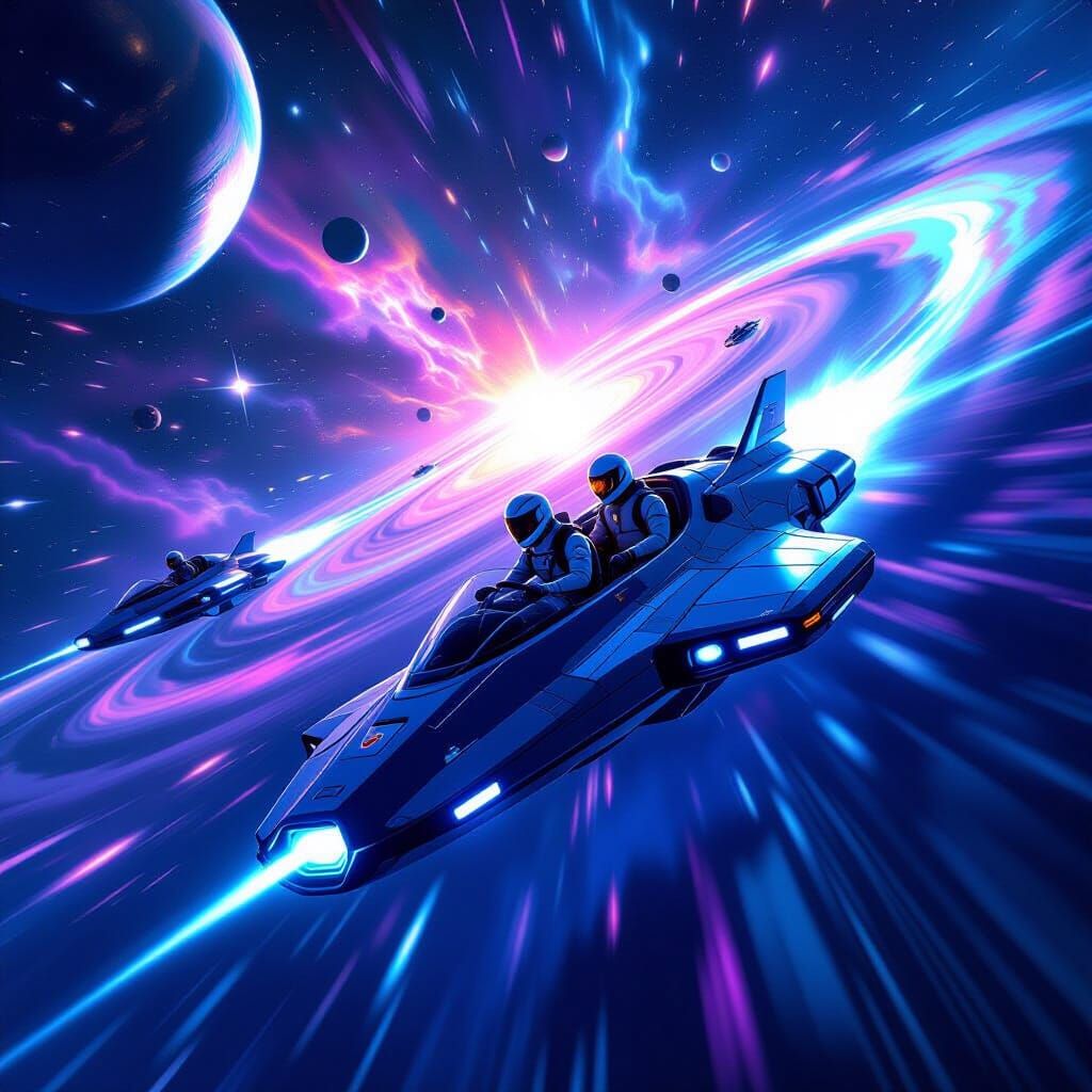 Futuristic Team Piloting Spaceship Through Wormhole