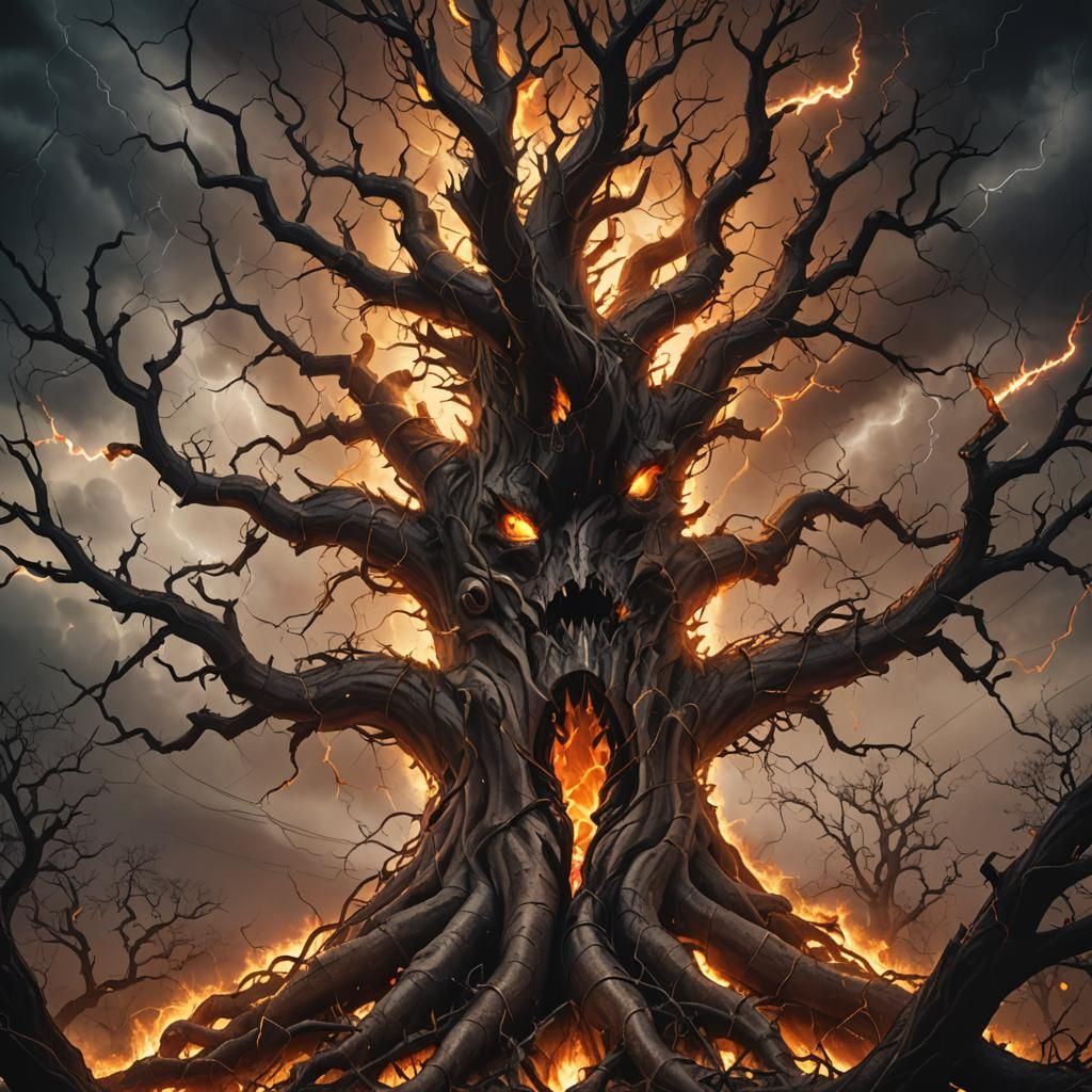 Dark Fantasy: Ancient Tree Ablaze in Gothic Horror
