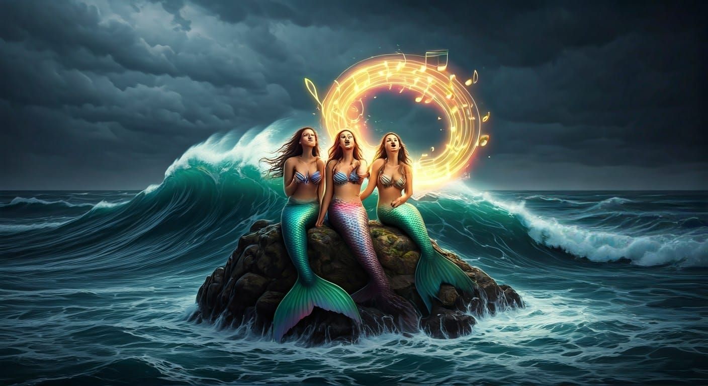 Mermaids' Stormy Song: Hyperrealistic Ocean Concept Art