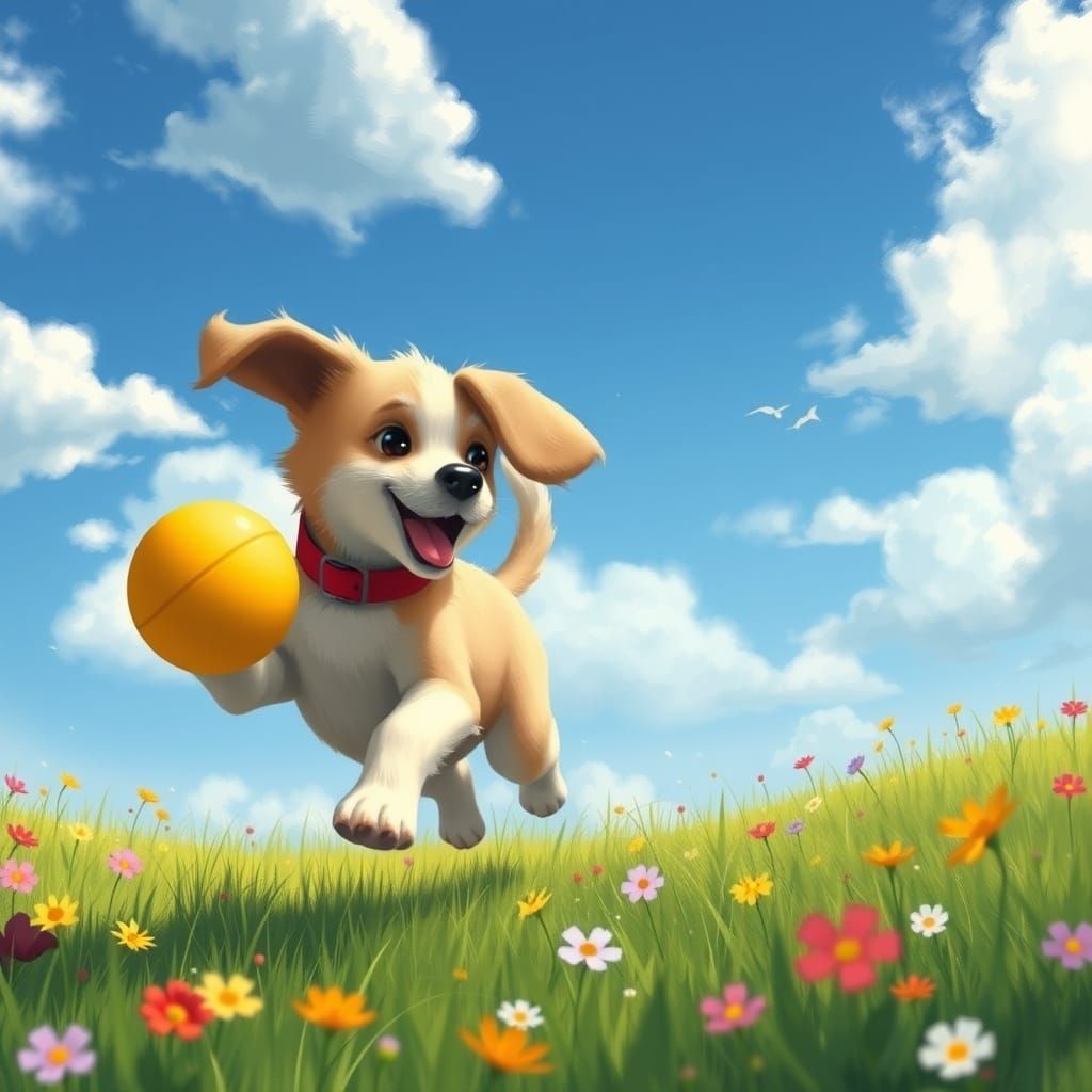 Playful Puppy in Meadow, Whimsical Digital Painting