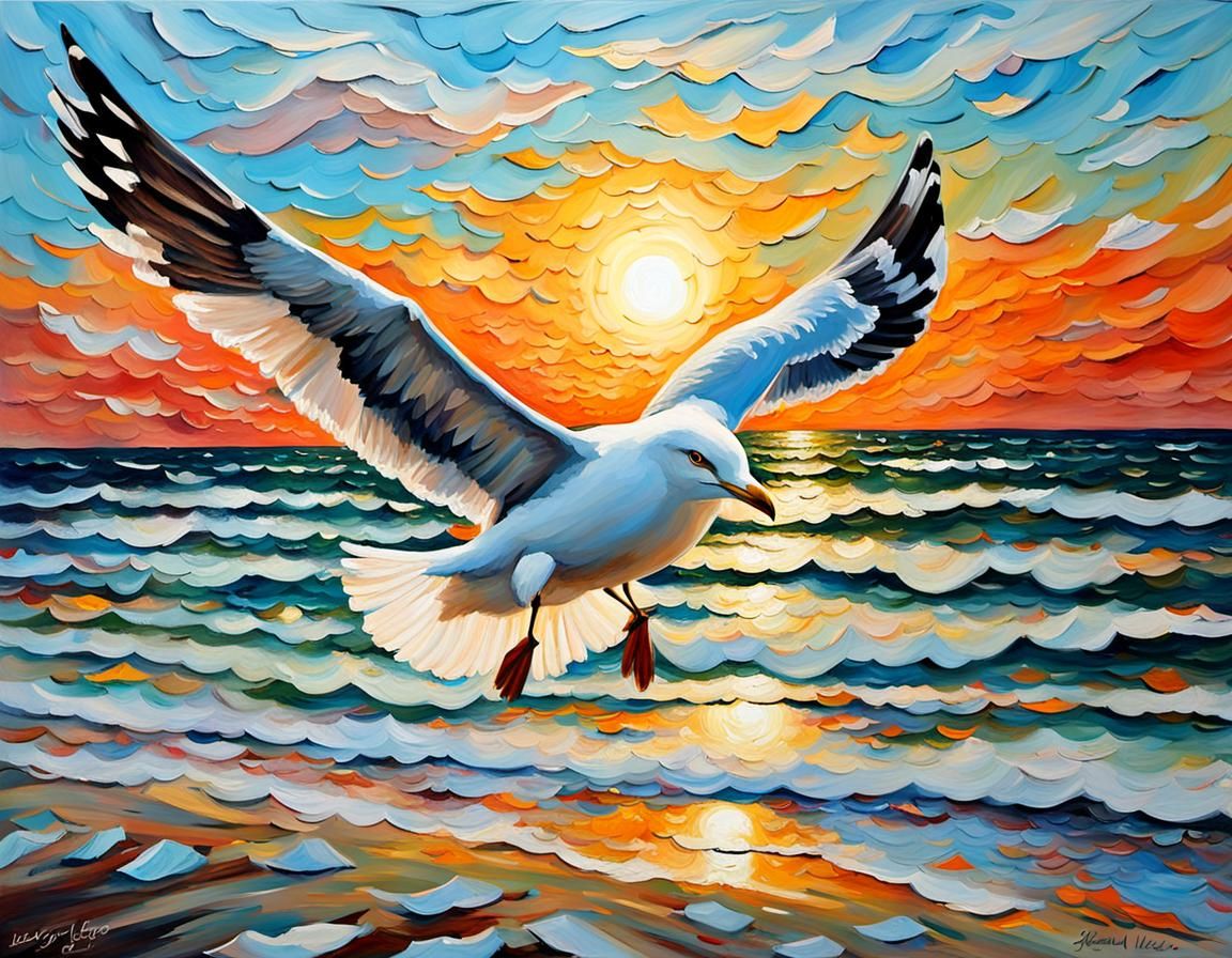 Seagull Flies Above Boardwalk: An Impasto Painting