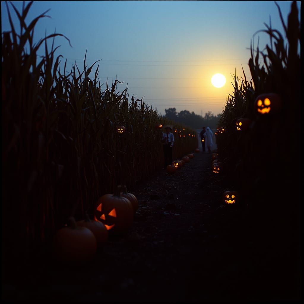 Haunted Corn Maze at Dusk with Ghostly Scarecrows