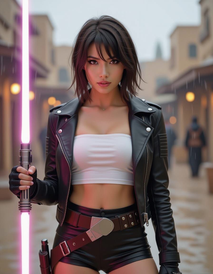 Lightsaber Warrior in Rainy Mos Eisley, Cyberpunk Style