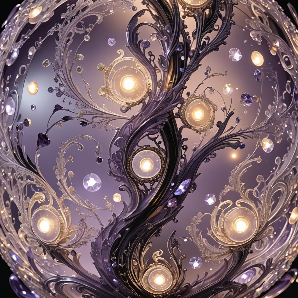 Ornate Iridescent Crystal Lamp with Celestial Carvings