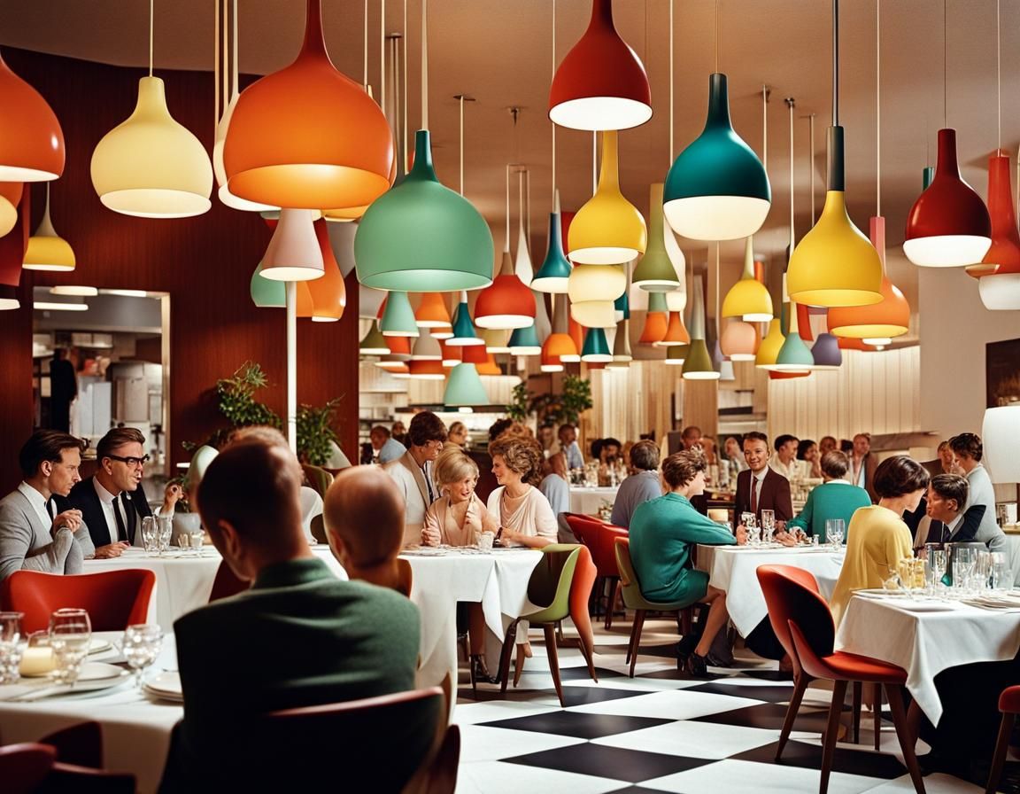Vibrant 1960s Restaurant Scene with Guests