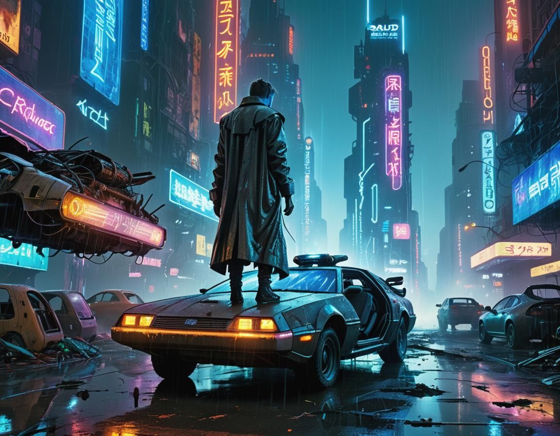 Cyberpunk Cityscape with Damaged Flying Car