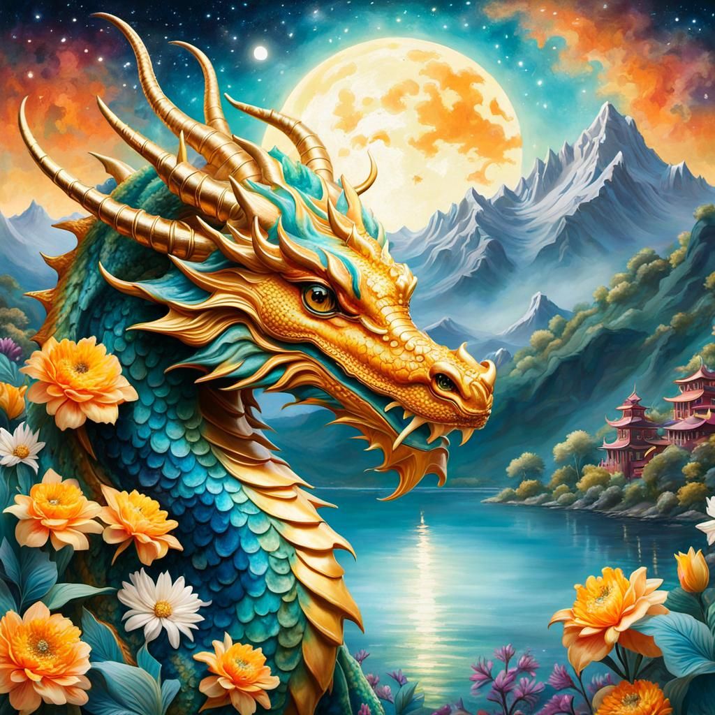 Stylized Tie-Dye Dragon with Golden Horns in Fantasy Scene