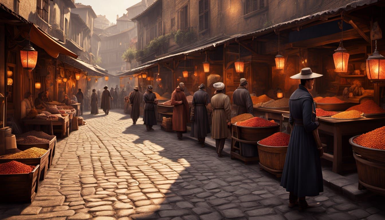 Lively Marketplace Scene in Oil Painting Style