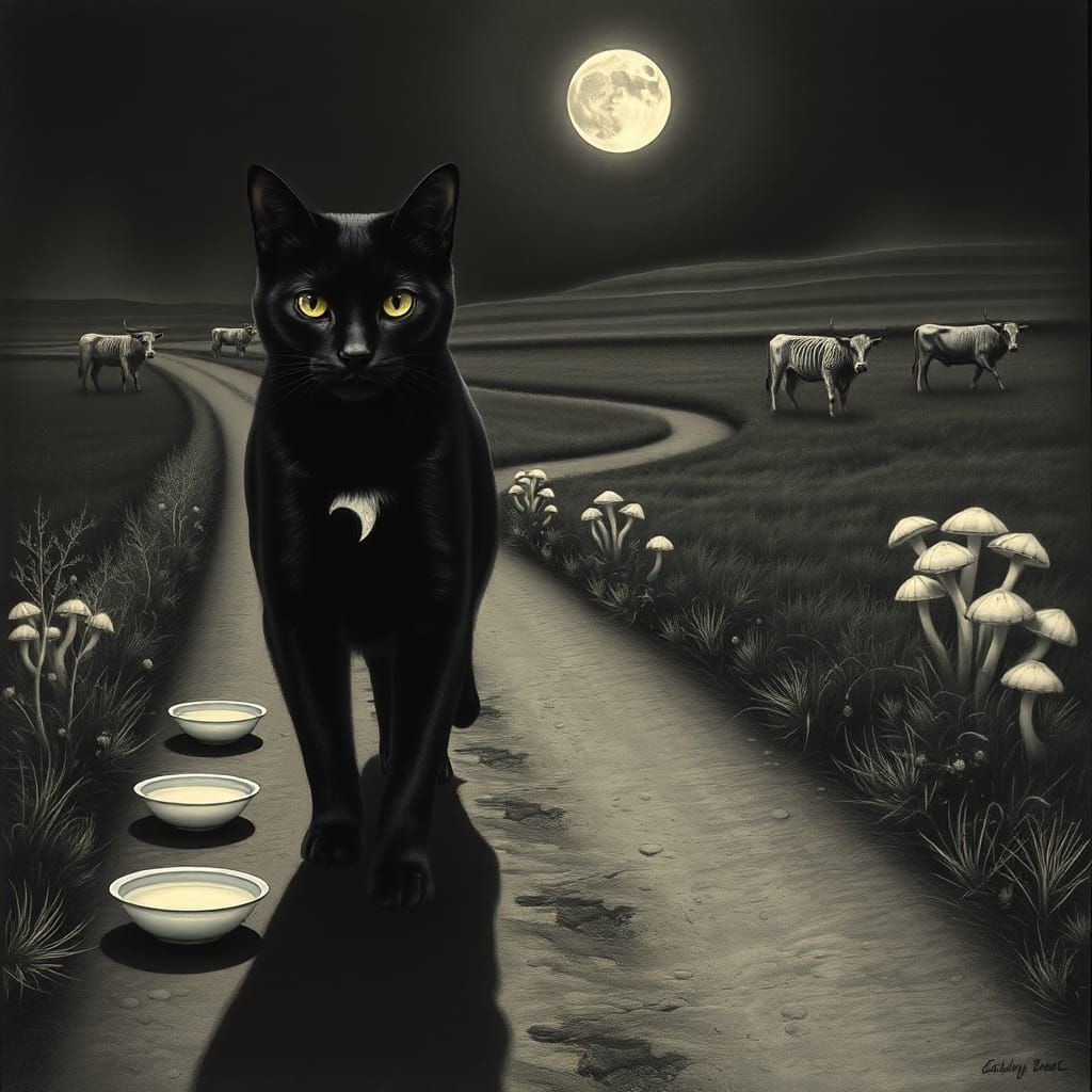 Mystical Black Cat on Rural Road, in Charcoal Style