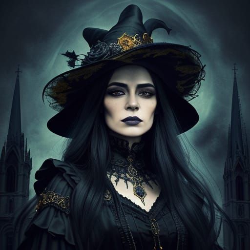 Elegant Witch Overlooking Gothic Kingdom in Oil Painting Sty...