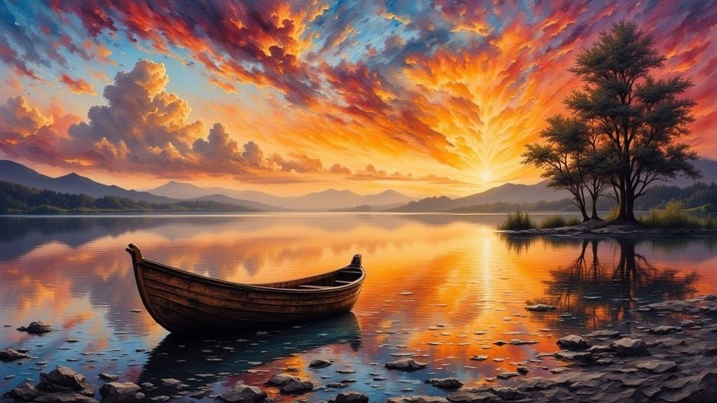 Lakeside Sunset in Dark Oil Paint Style