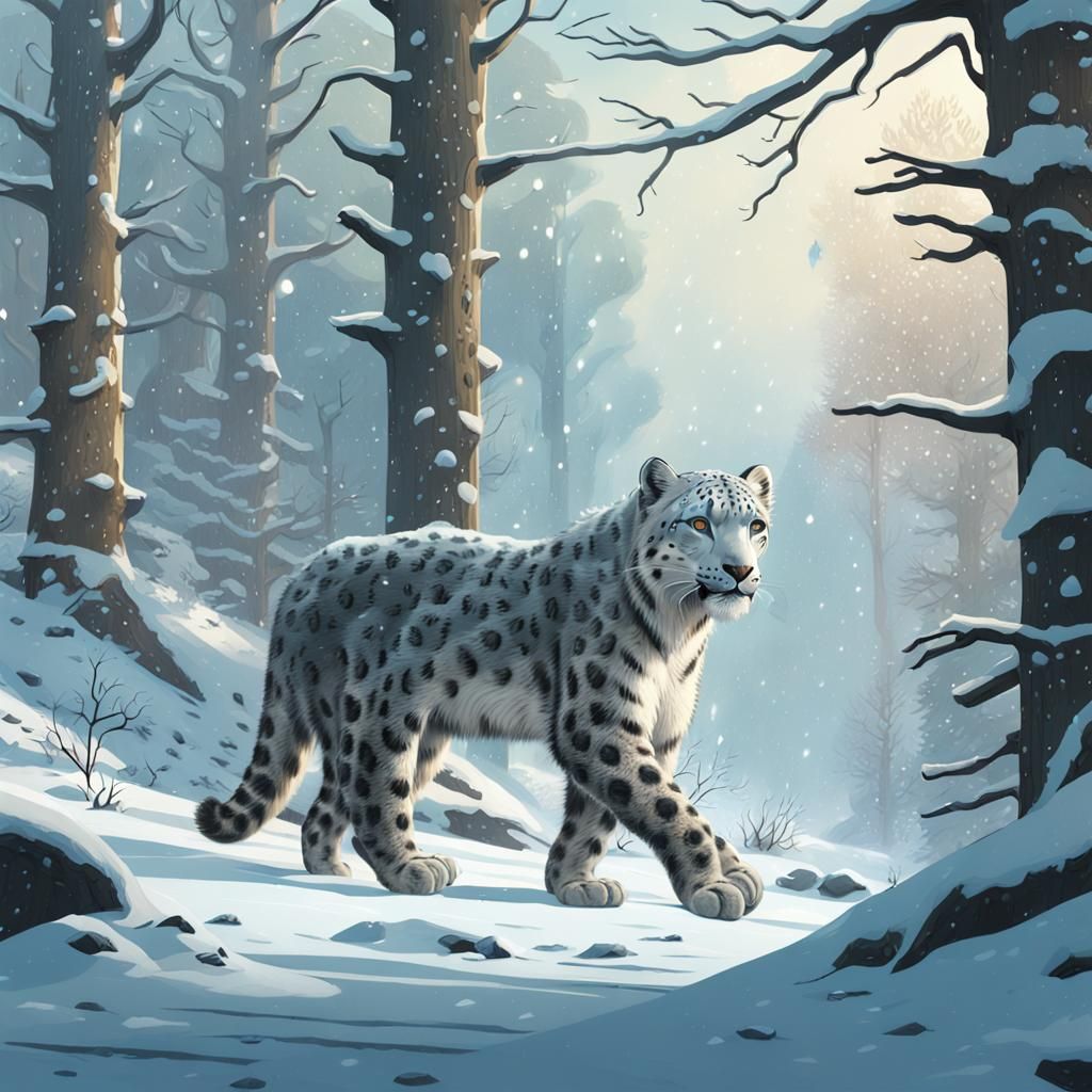 Snow Leopard in Snowy Forest: Digital Matte Painting