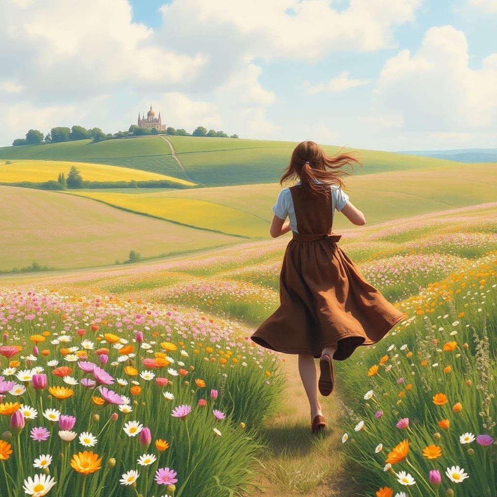 Girl in Flower Field: Impressionistic Watercolor Painting