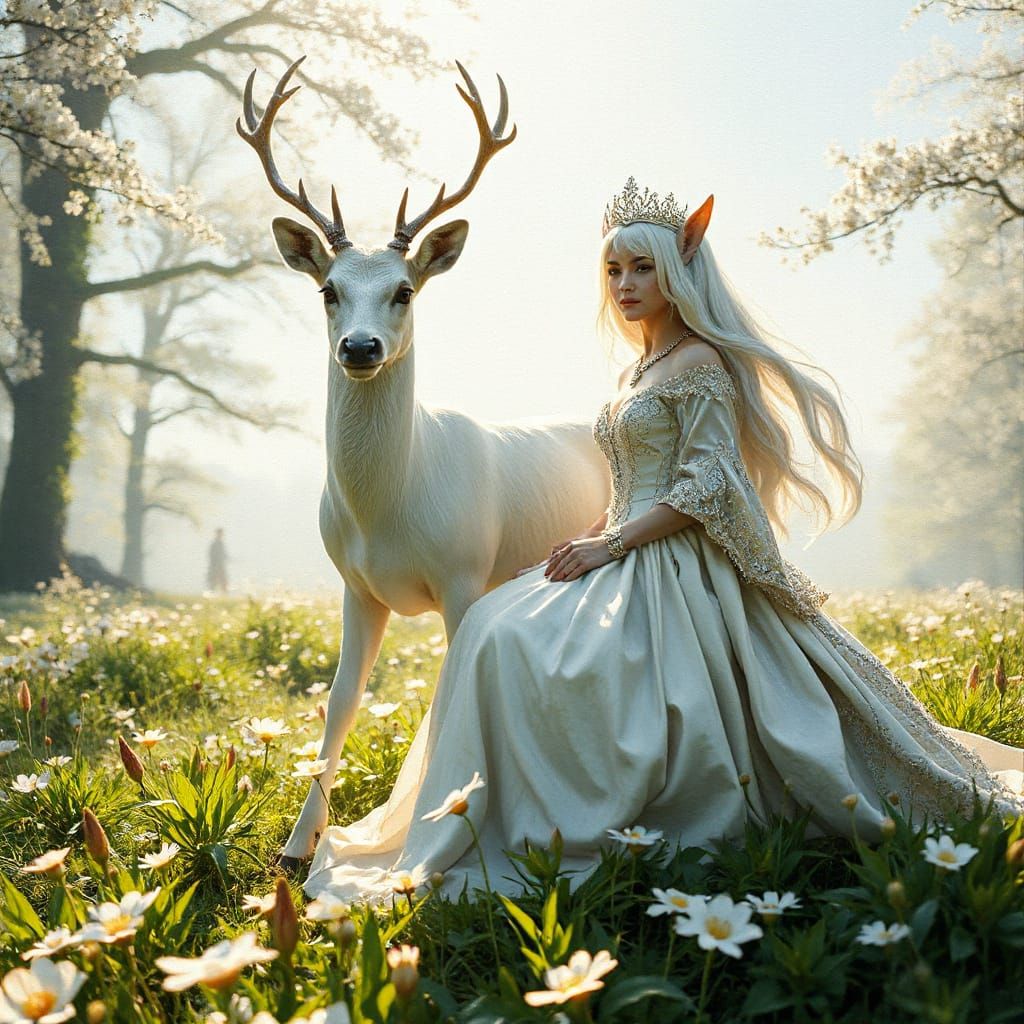 Elven Queen and White Deer in Impressionist Style