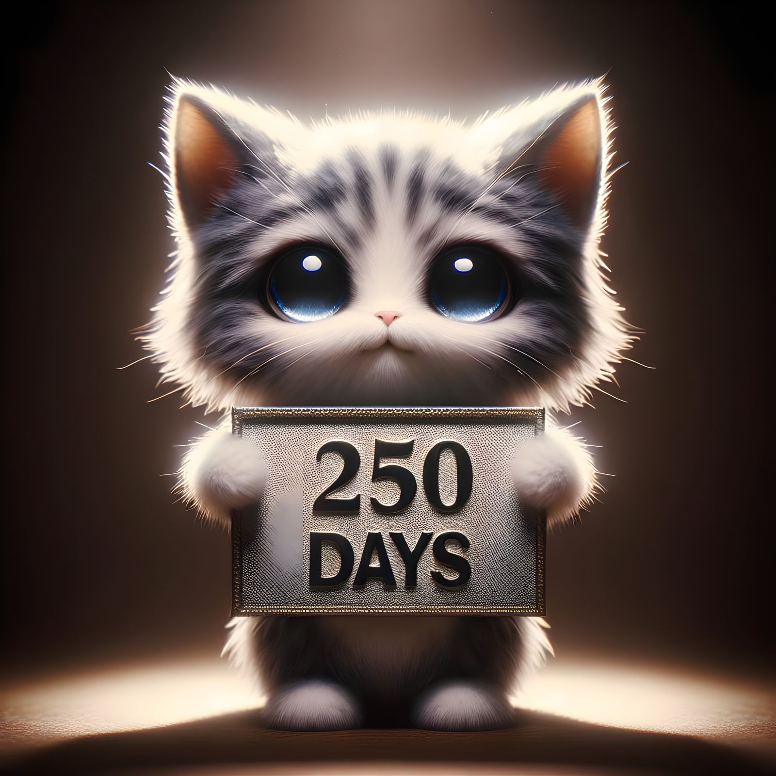 Enchanting Grey and White Kitten Holding a Sign in a Dreamli...