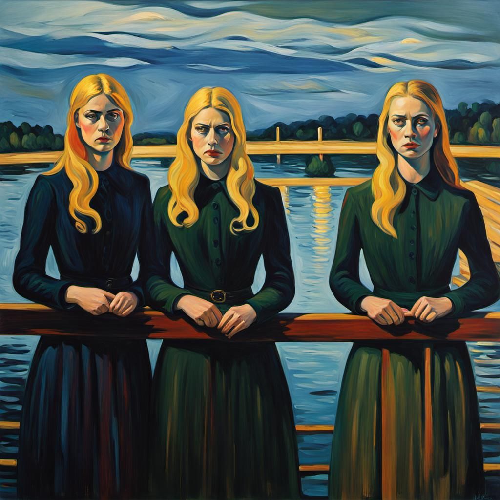 Expressionist Girls on Bridge with Vivid Colors