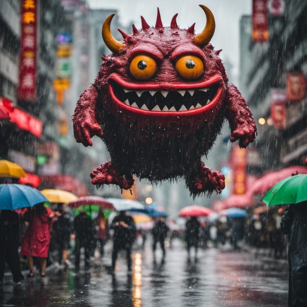 Monster floating over a crowded Shanghai Street in the rain II