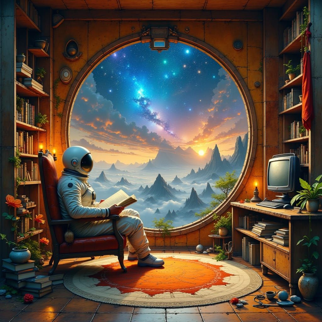 Astronaut Reading in Cozy Rocket Ship Cabin