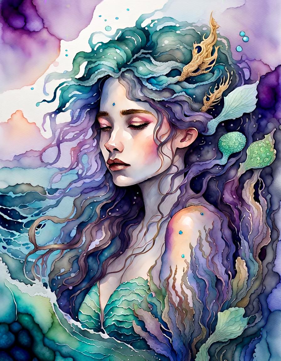 Mythological Siren Portrait in Watercolor and Alcohol Ink