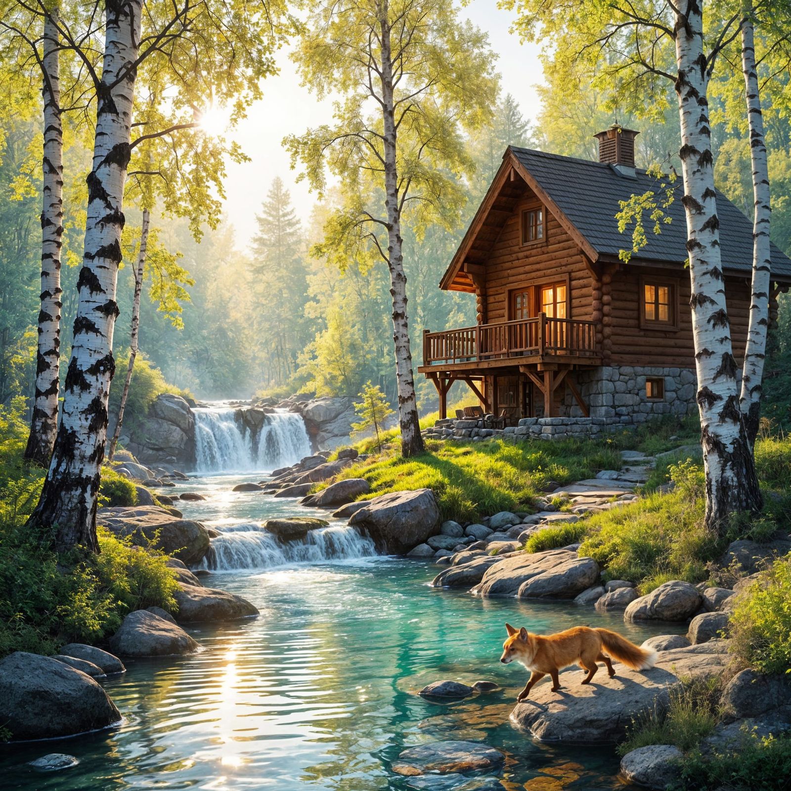 Hyperrealistic Birch Grove with Cozy House and Waterfall