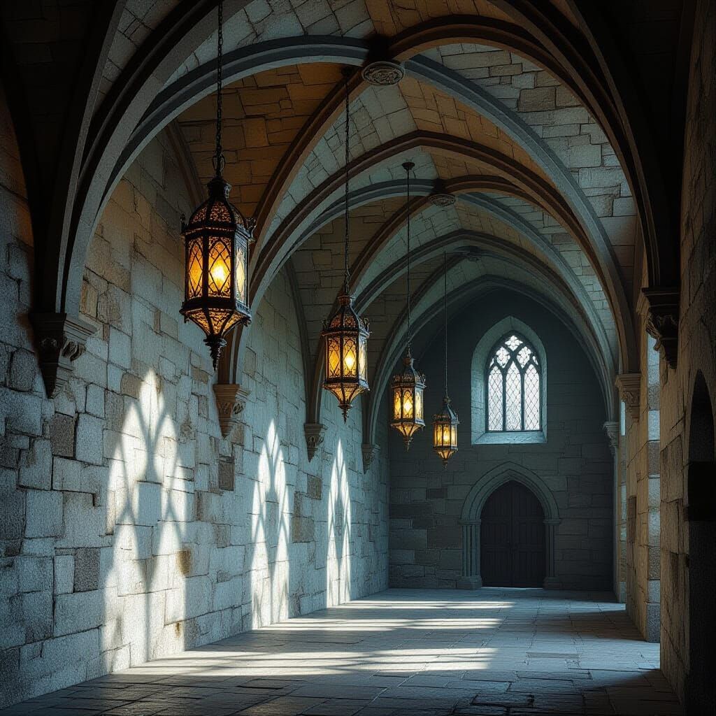 Medieval Stone Hall with Intricate Lantern Shadows
