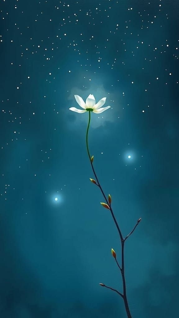 Dreamy Flower Ascends Under Starry Sky, Minimalist Acrylic