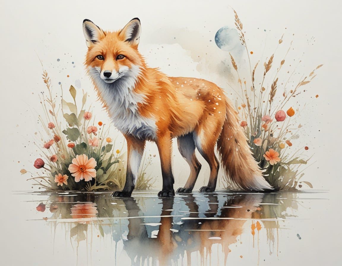 Fox Walks on Glassy Lake Under Ethereal Moonlight