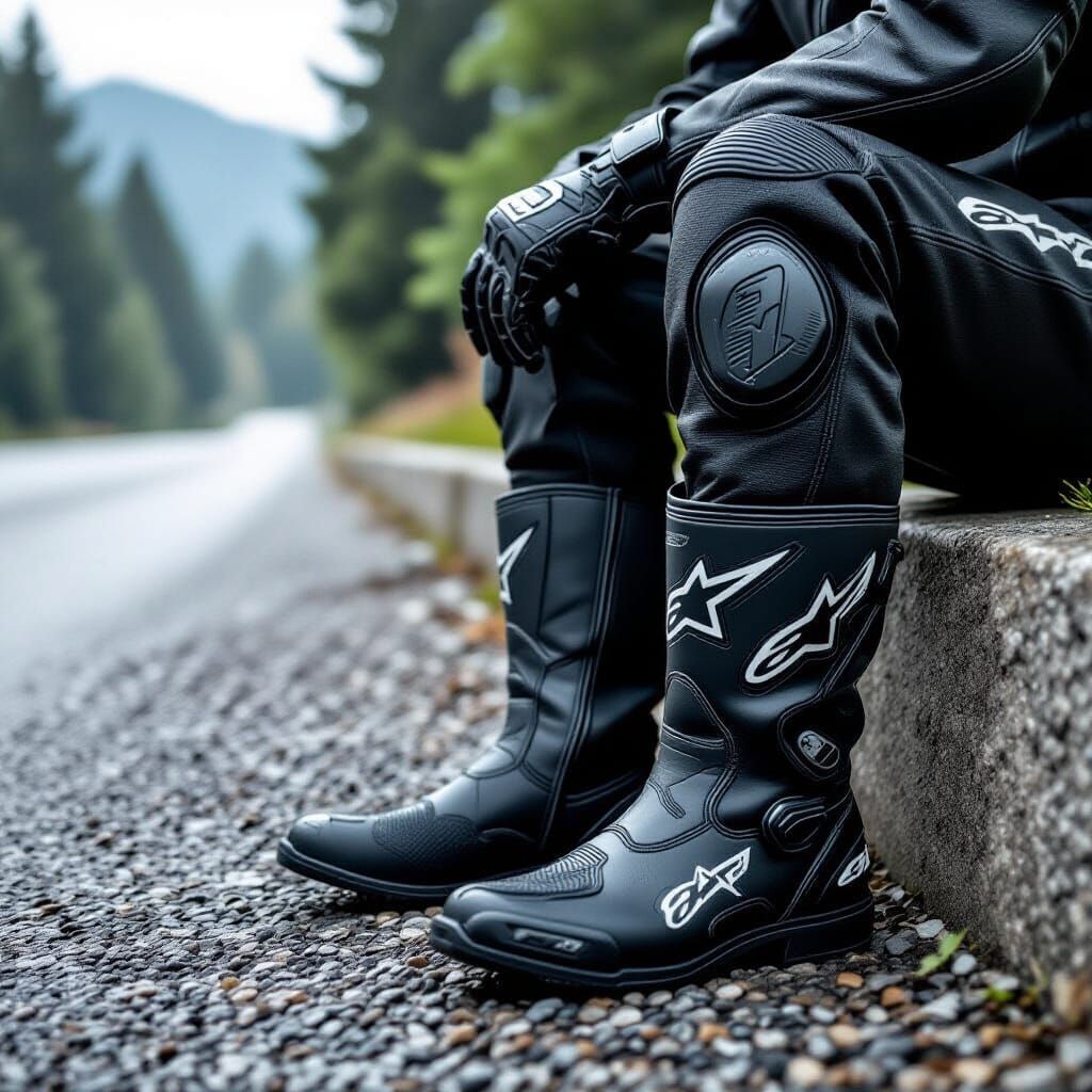 Motorcyclist Pauses at Roadside Curb in Natural Light