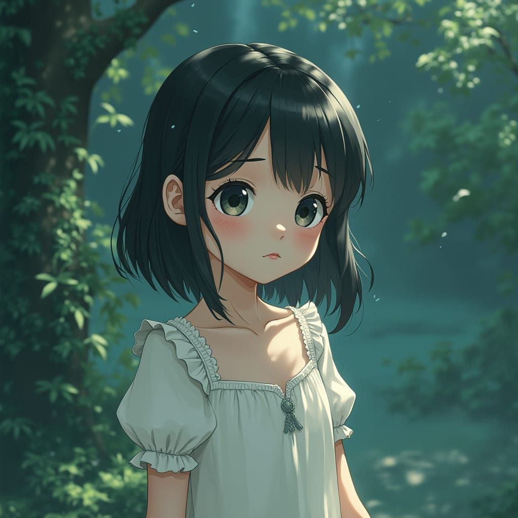 Innocent Girl in Melancholy Landscape, Realist Style