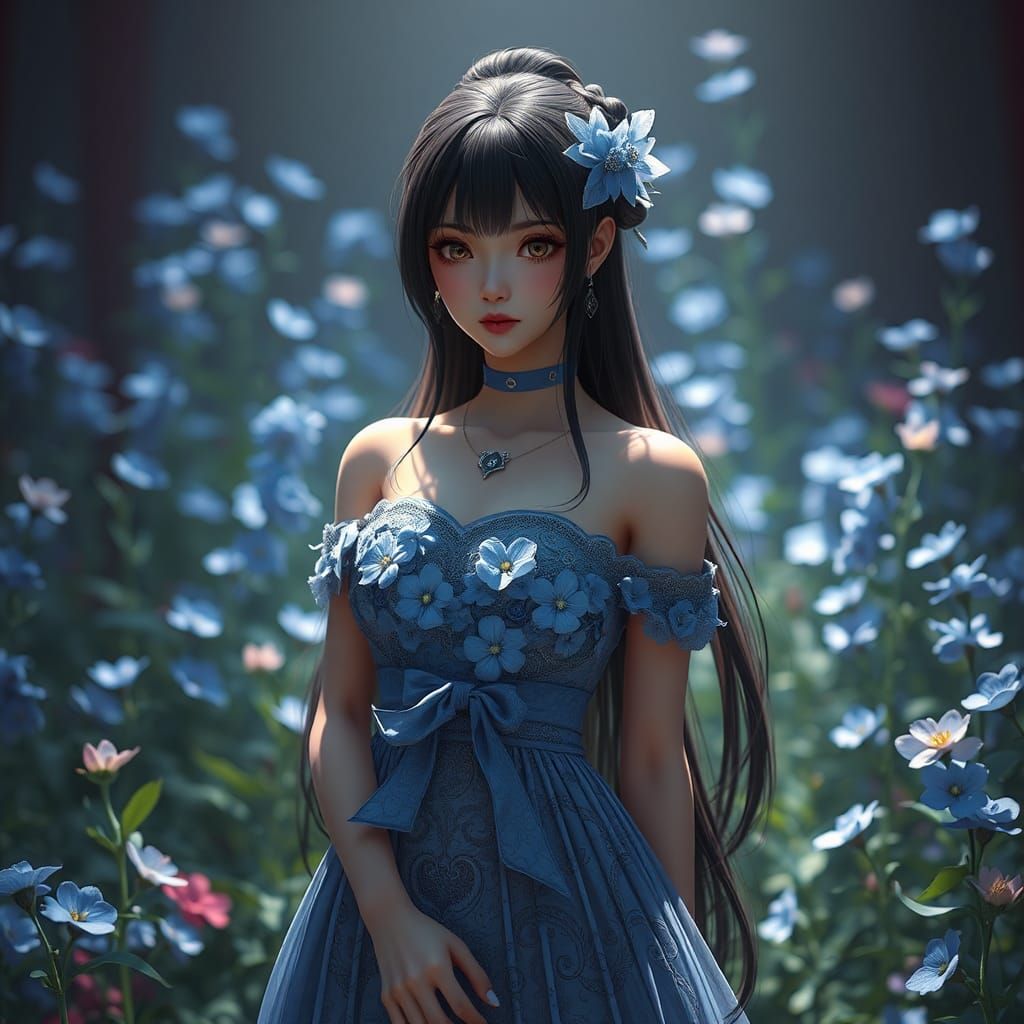 Girl in Blue Flower Dress, Detailed CG Art