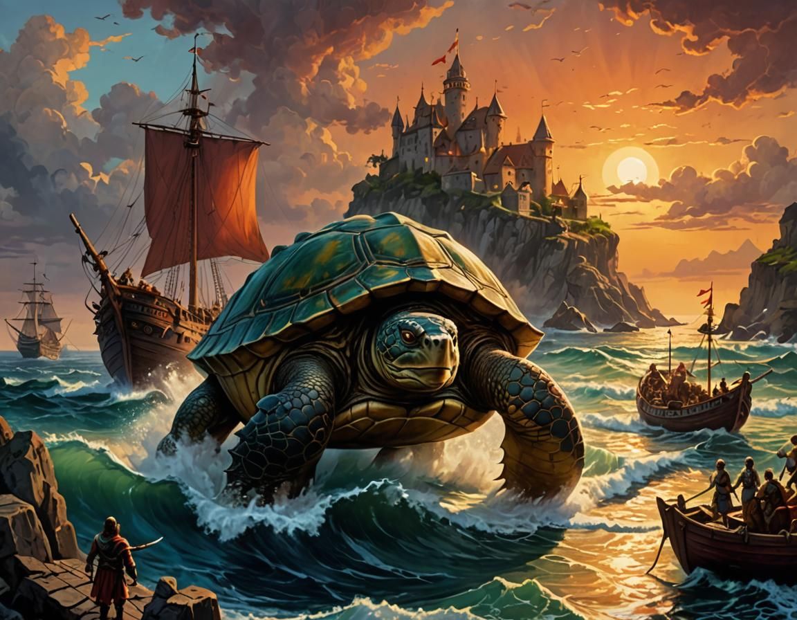 Giant Turtle at Medieval Port: Impasto Chiaroscuro