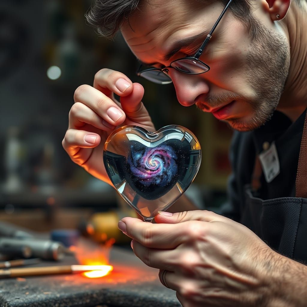 Glassblower Crafts Miniature Galaxy in Glass Heart