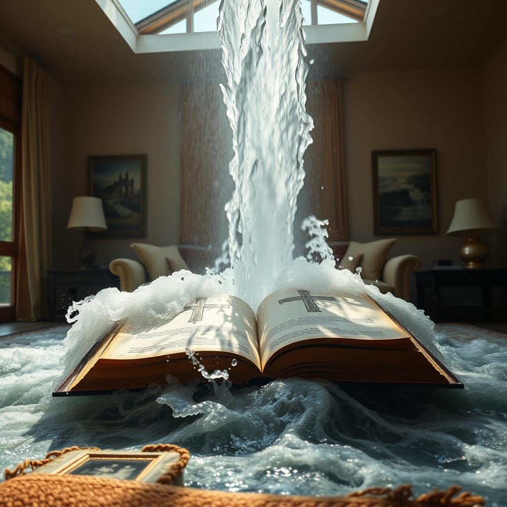 Waterfall Erupts from Ancient Book in Hyper-Realistic Style