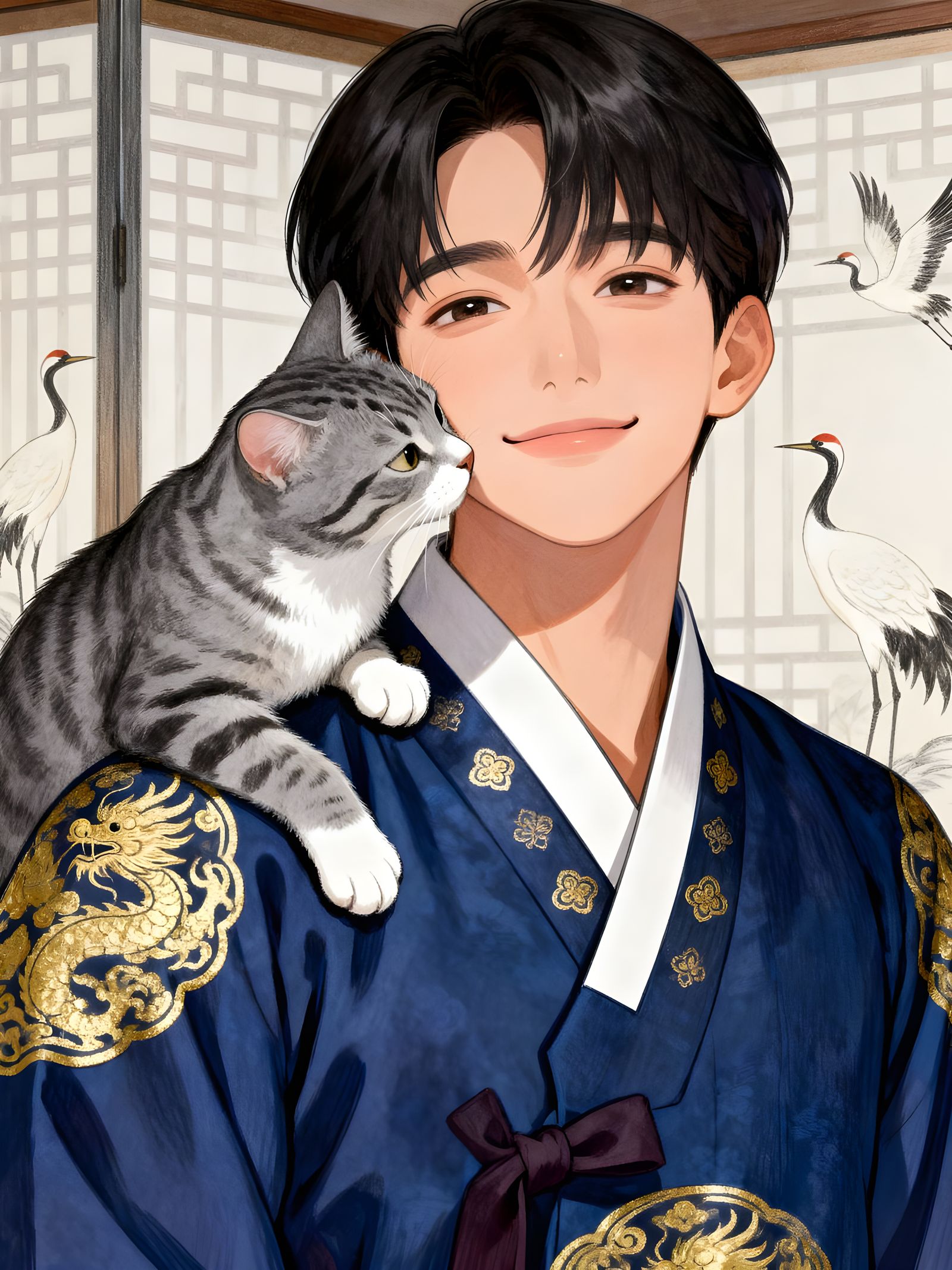 Elegant Man in Hanbok with Tabby Cat, Manhwa Style