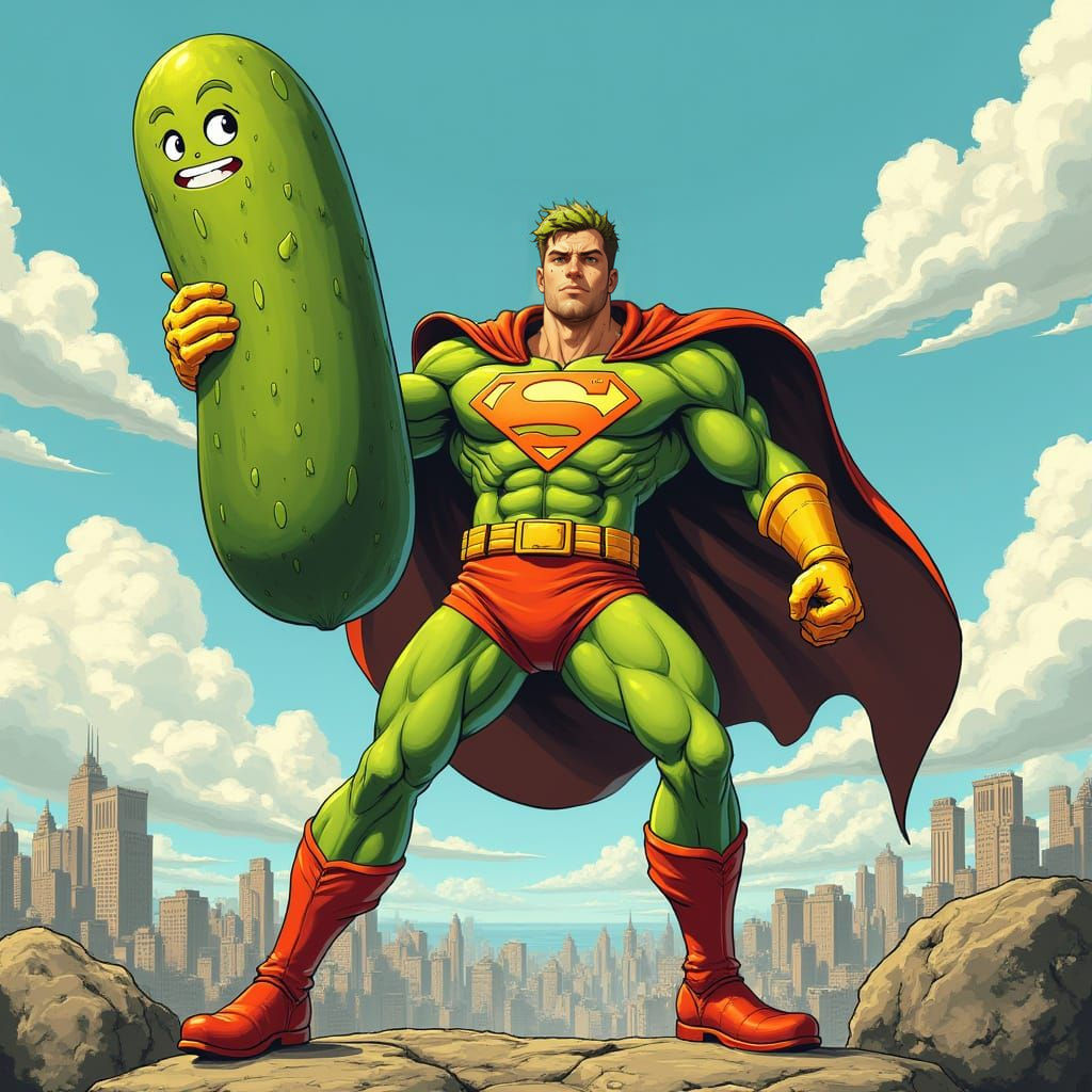 Superhuman Pickle Warrior Over Metropolis