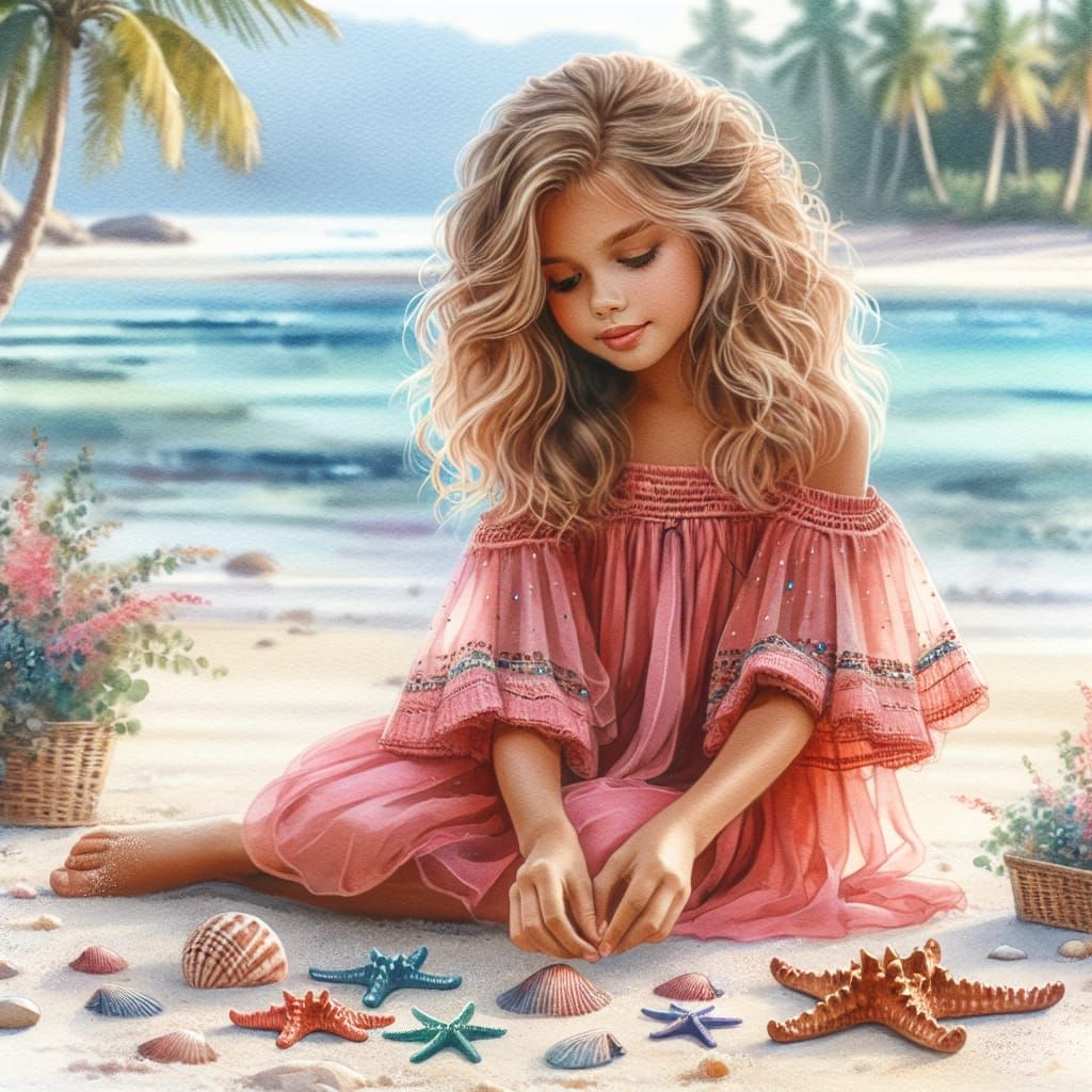 Girl with Seashells: 8K Watercolor Beach Scene