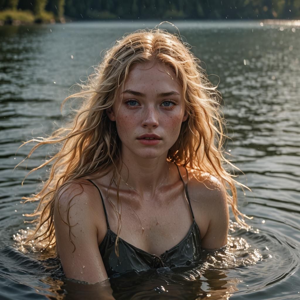Dreamy Blonde Emerges from Lake with Candle