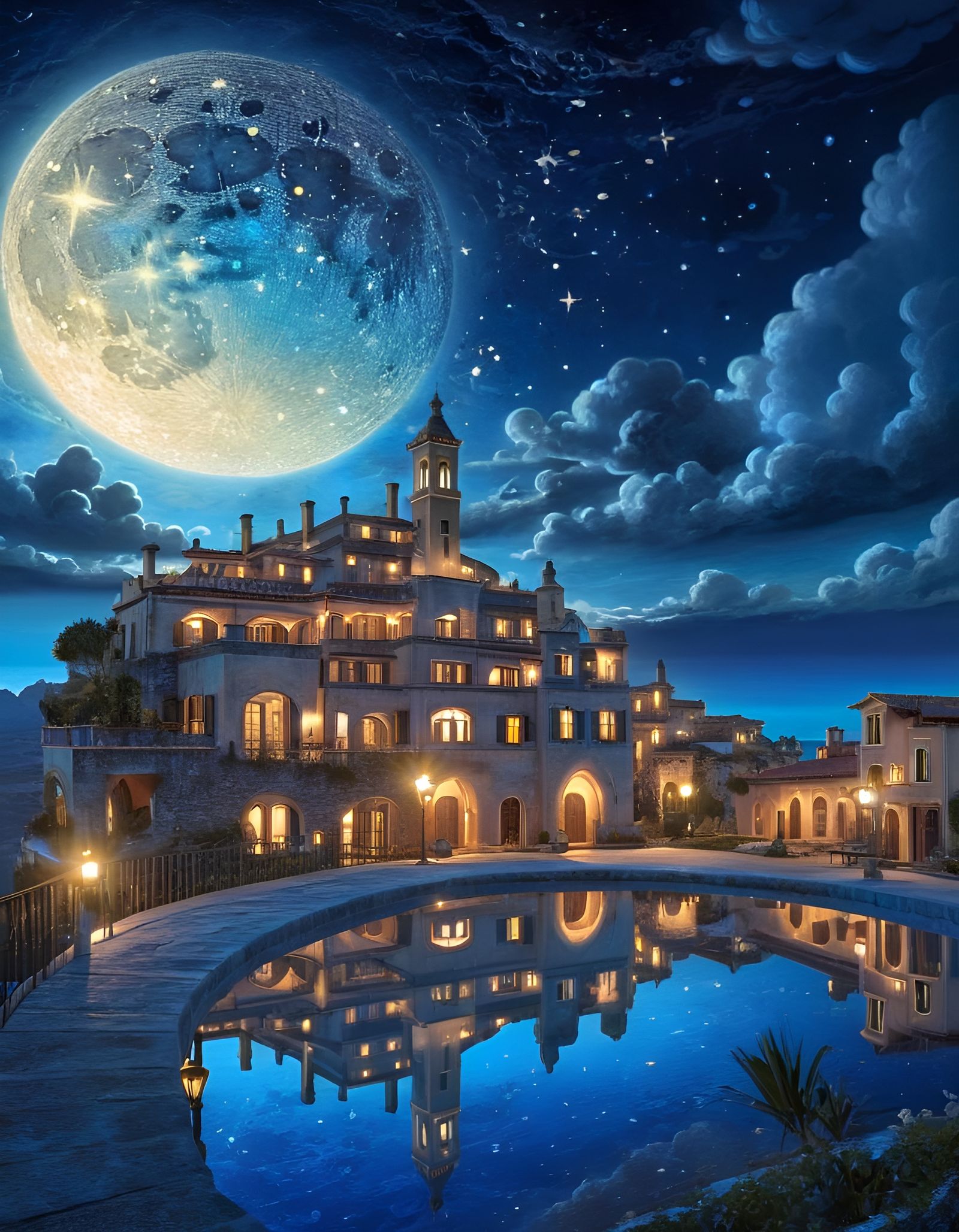 Surreal Moonlit Clock Town Digital Illustration