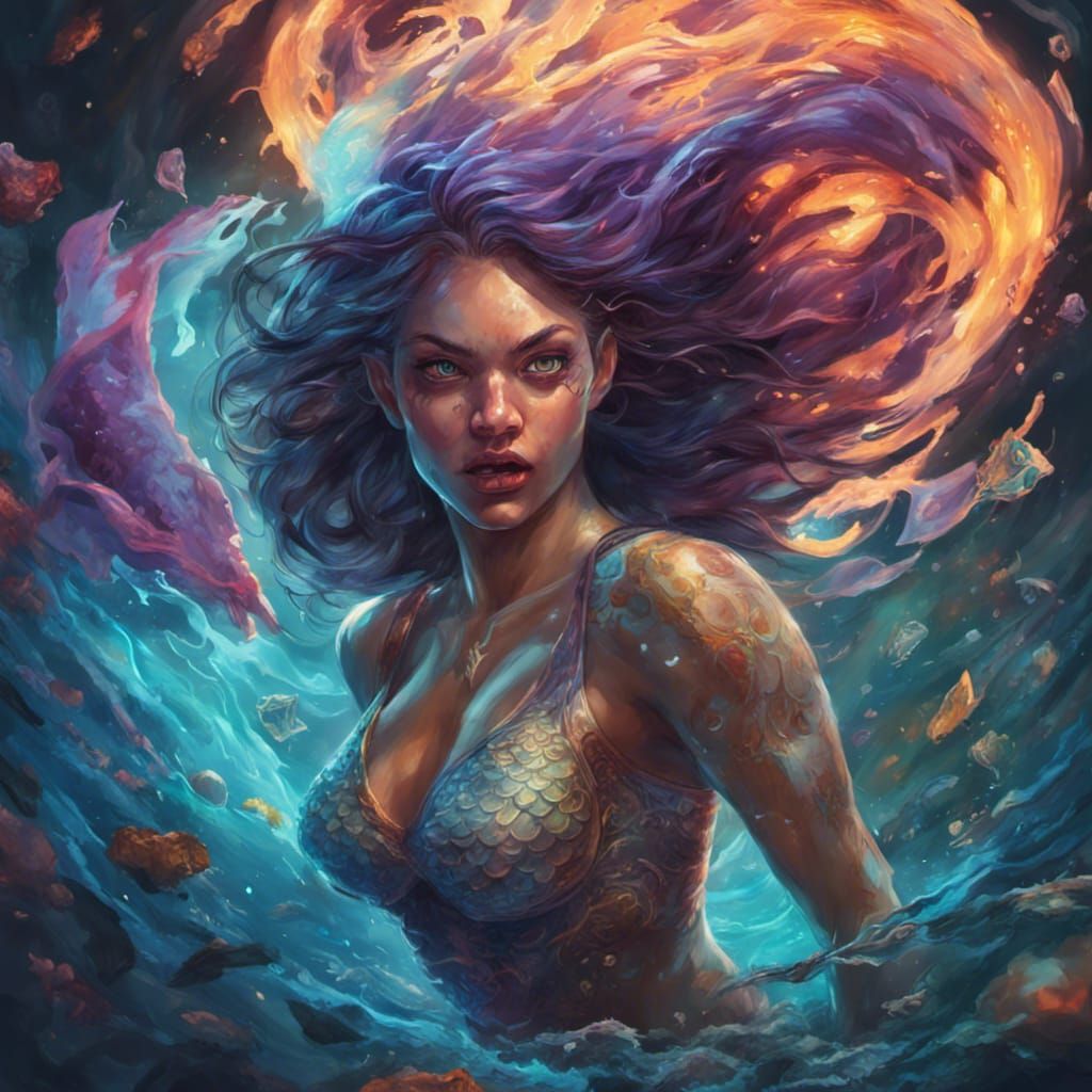 Bioluminescent Mermaid's Wrath: Hyperrealistic Splash Art