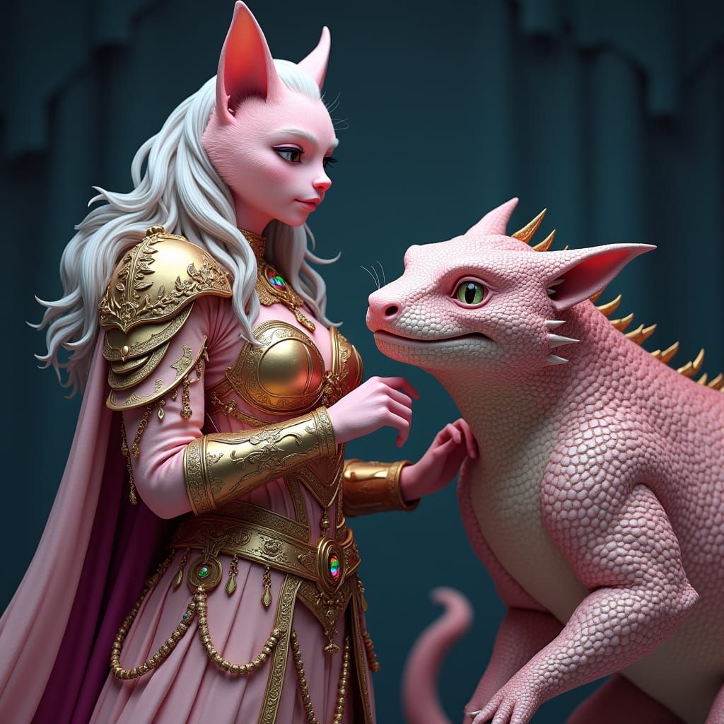 Cat Woman Petting Reptile in Ornate Armor