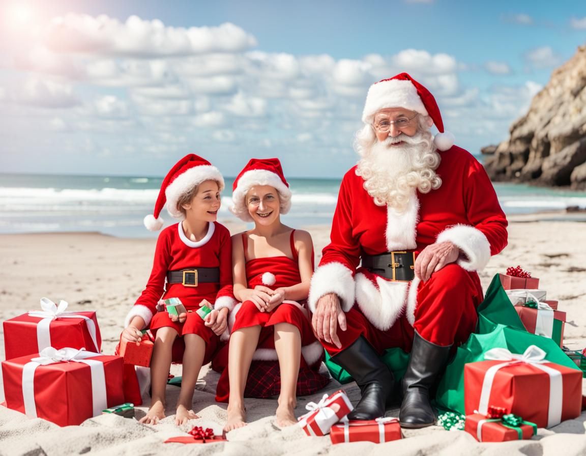 Santa and Mrs. Claus Relaxing on Beach