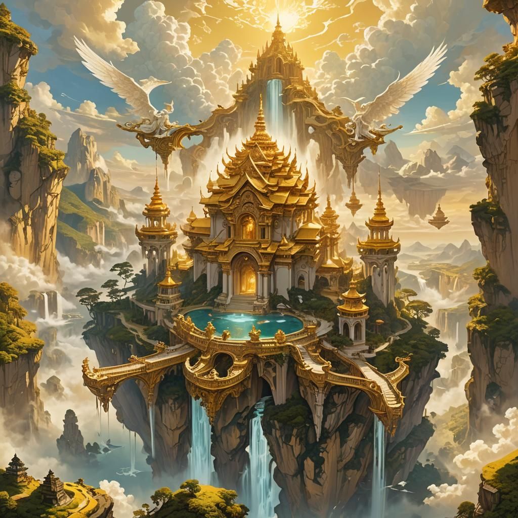 Floating Islands and Golden Sky in Fantasy Art